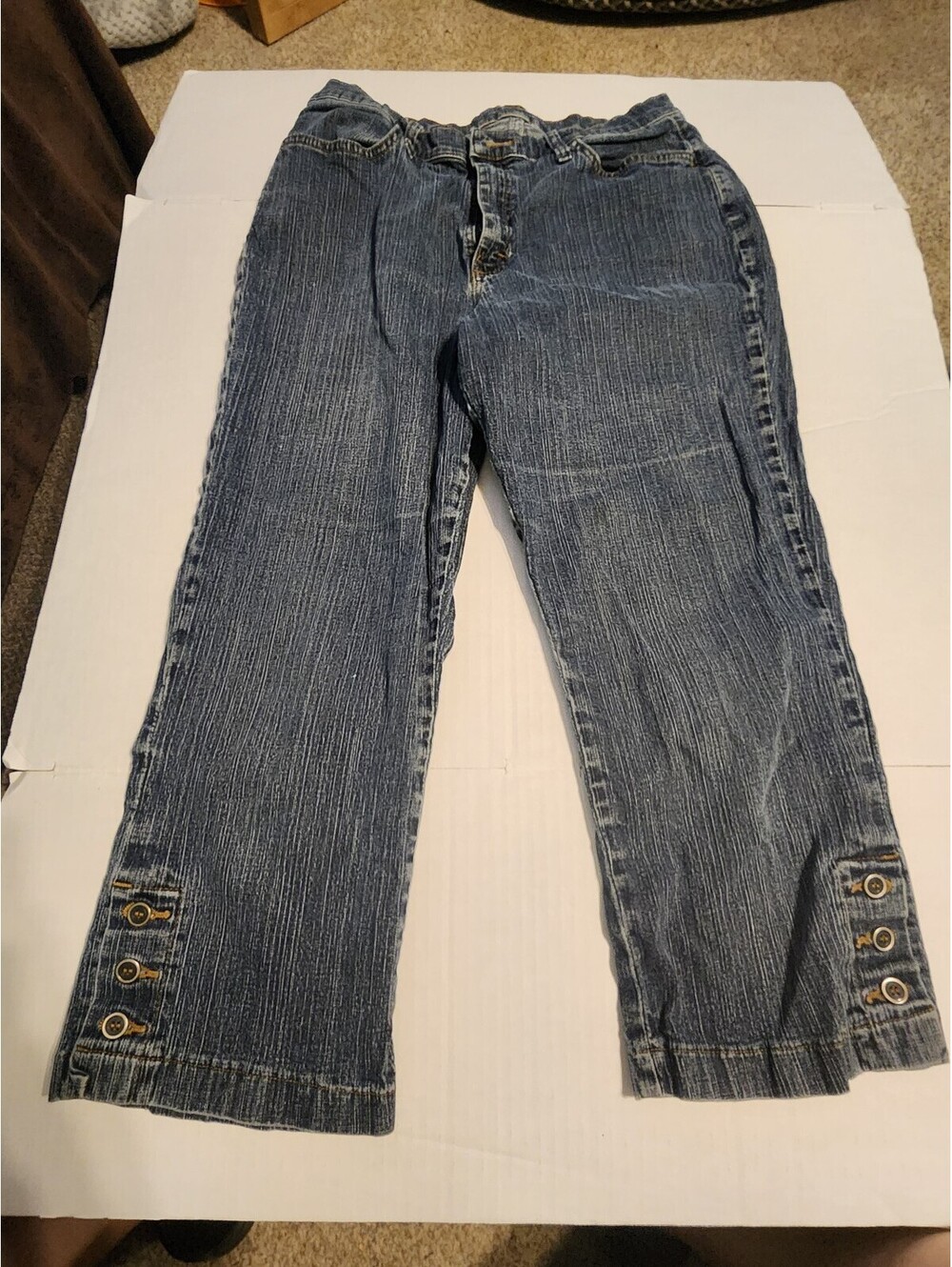 Women's Blue Denim Cropped Jeans with Button Detail